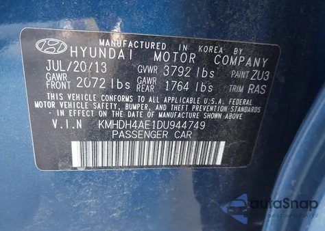 2013 Hyundai Elantra Limited from USA, damaged, VIN KMHDH4AE1DU944749